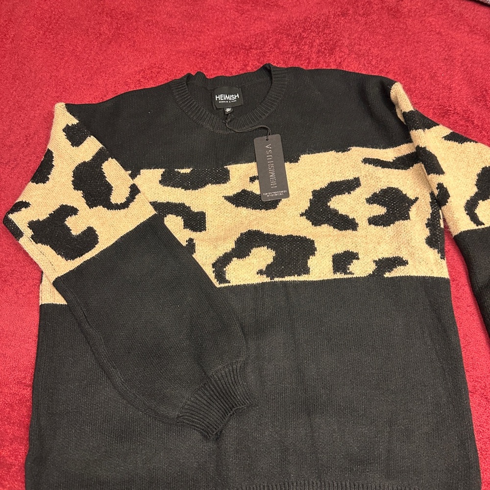 HEIMISH USA Black and Tan Leopard Print Women's Sweater